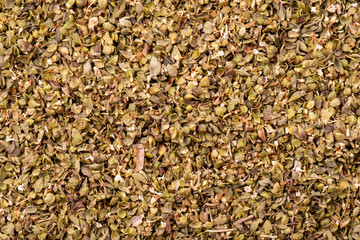 Thyme spice. Bulk dry thyme leaves food background. Spice concept.