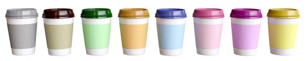 front view of various colored beverages, empty white coffee cup with various colored cup lids for Design coffee brands, tea brands, beverages or create coffee menus. 3D rendering