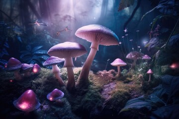 Fototapeta na wymiar Fantasy Magical Mushrooms and Butterfly in enchanted Fairy Tale dreamy elf Forest with fabulous Fairytale blooming pink Rose Flower on mysterious Nature background and shiny glowing moon rays in night