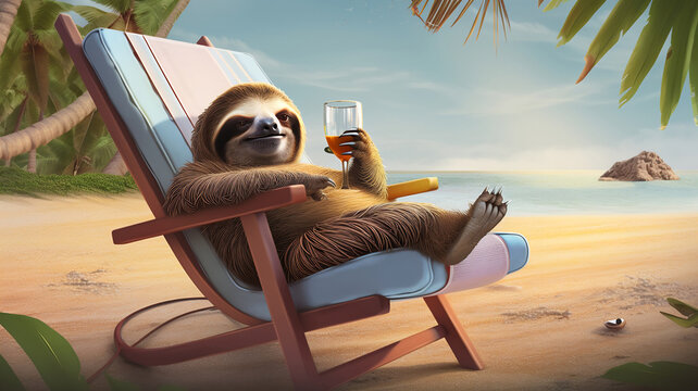 paresseux sur une chaise longue en train de boire un cocktail - generative ai