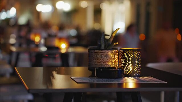 Beautiful vintage lamp Shimmering orange light of bright scenery blurred night in restaurant stands on wooden table at sunset. Travel. Tourism