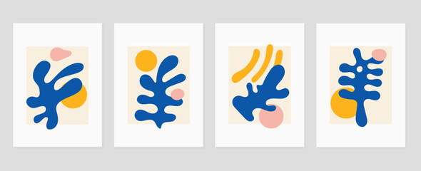 Fototapeta premium Set of abstract cover background inspired by matisse. Plants, leaf branch, coral, sun in hand drawn style. Contemporary aesthetic illustrated design for wall art, decoration, print, wallpaper.