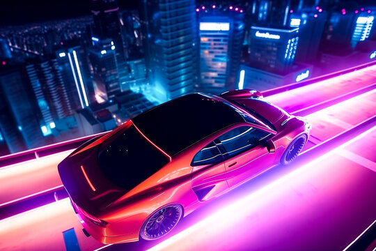 Futuristic sports neon 3d render car background. Blue and ultraviolet dream car in the city Ai generative illustration