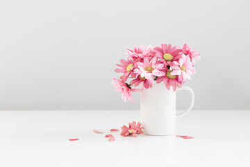 pink  chrysanthemums in white cup on white background