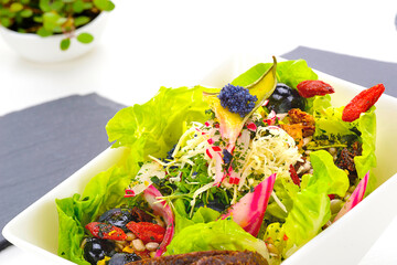 Gesunder Salat in eckiger Porzellan-Schale, Close-up