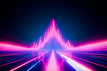 Abstract background with glowing neon lines in blue and ultraviolet colors. Synth wave retro futuristic virtual room AI generated