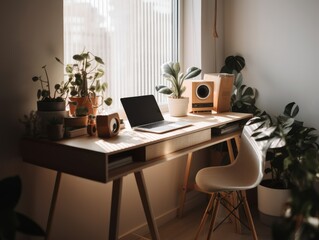 A minimalist and modern desk setup with a laptop and plants