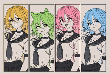Anime manga school girls set. Monochrome palette - obrazy, fototapety, plakaty