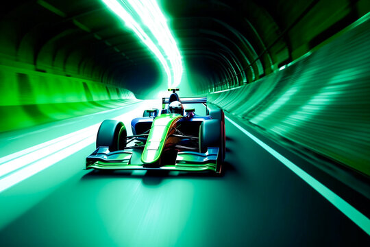 Neon green racing car driving trough a tunnel. AI generated formula 1 sports car illustration 