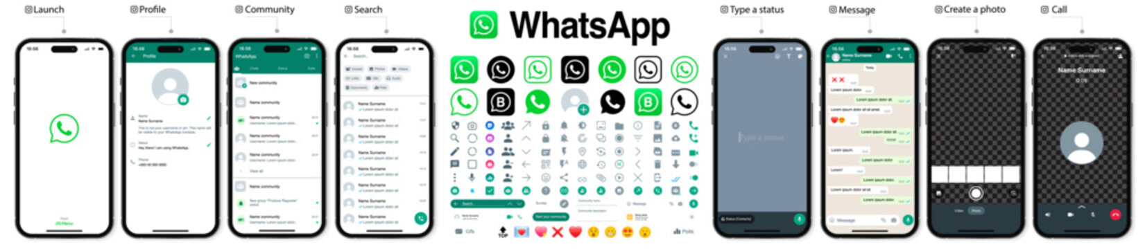 Mobile messenger screen inspired by whatsapp. Vector illustration. Whatsapp screen mockup set. Whatsapp social media template and interface template.