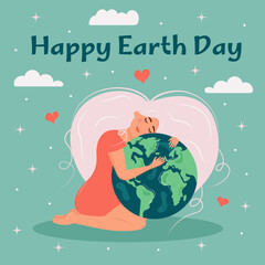 Earth day. Cute girl is holding and hugging planet globe. Her hair in the form of heart. Environment conservation, energy saving , world peace,  ecology support concept.