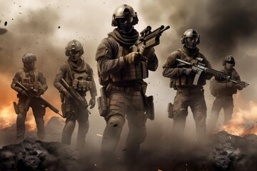 Military soldier squad battle scene, action shooter battle game cover with smoke, dust and explosions