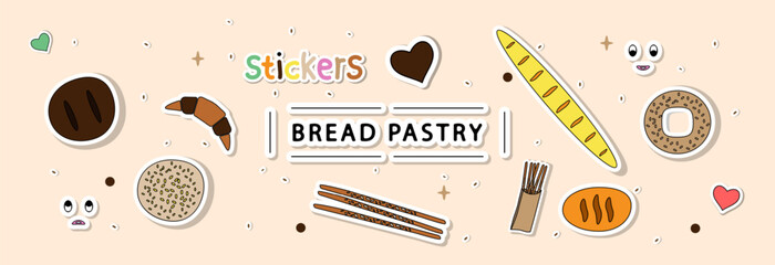 A set of bright strong stickers with bright bread products. Bread pastry.