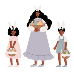 Happy Easter clipart set, Cute bunny rabbit illustration, Childrens egg hunts clip art, Individual elements, Spring vector images in flat cartoon style, Easter basket, chick, spring, flower.