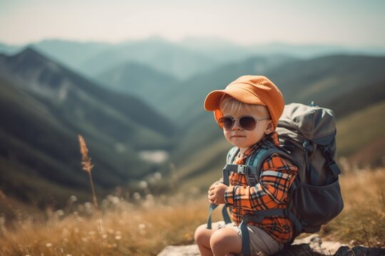 baby wearing a backpack in the mountains, which may symbolize the idea of adventure, exploration, or outdoor activities with a young child. Generative AI