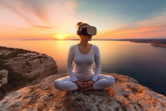 Young athletic woman wearing VR headset, practising meditation in futuristic way. Her consciousness is transformed on the high cliff near the ocean during the sunset
