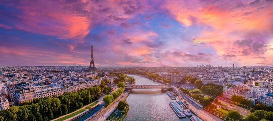 Beautiful aerial pink sunset over Paris, France. Magical aerial view of Paris.