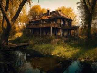 Obraz premium Old ruined shack in the natural environment. Abandoned house on the river bank. Autumn trees at backdrop. Generative AI.