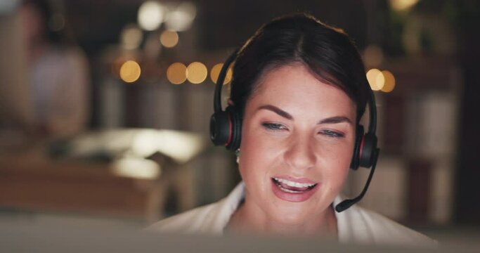 Call center, explain or happy woman in telecom, customer services or communications company. Communication, friendly girl or sales agent with microphone at crm or technical support office at night
