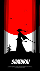 Samurai with red moon wallpaper. A silhouette of a samurai with a red moon behind it. Japanese samurai warrior with a sword. japanese theme wallpaper. warrior with sword. vertical monitor background.