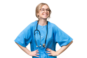 Young nurse English woman over isolated background posing with arms at hip and smiling