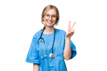 Young nurse English woman over isolated background smiling and showing victory sign