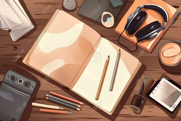 notepad with pencil, glasses and coffee on wood table in Cafe or office