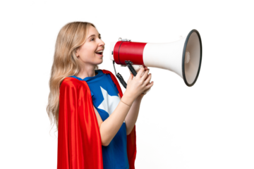 Super Hero English woman over isolated background shouting through a megaphone