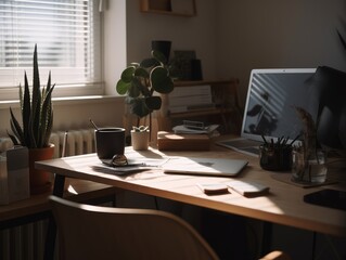 A minimalist and modern desk setup with a laptop and plants