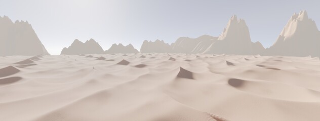 Sci-fi sand desert planet scene landscape mountains with sand dust and sand ripples as procedural ed modeling.