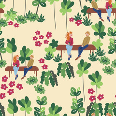 Earth brown Outdoor vector seamless patterm. Woman jogging with dog, a couple sitting in park. A girl with her father gardening. Spring in the park.