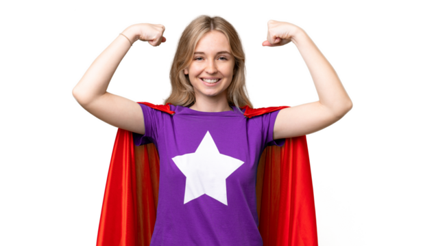 Young English woman over isolated background in superhero costume and doing strong gesture - Powered by Adobe