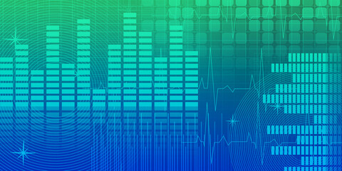 abstract blur circles with with music rhythm and the sound of a musical graph on gradient blue and green background, object, music, volume, happy, funny, copy space