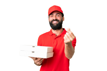 Pizza delivery man with work uniform picking up pizza boxes over isolated chroma key background making money gesture