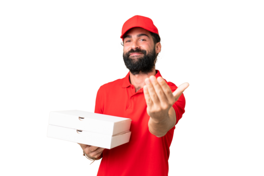 Pizza delivery man with work uniform picking up pizza boxes over isolated chroma key background inviting to come with hand. Happy that you came