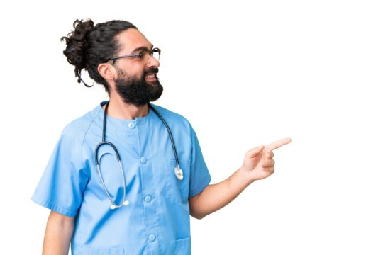 Young doctor man over isolated chroma key background pointing finger to the side and presenting a product - Powered by Adobe
