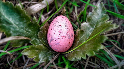 Pink glittery textured Easter egg in the middle of the grass. Easter chocolats in the garden. Top view.