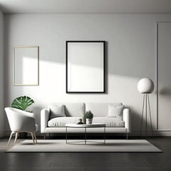 Mockup poster frame on the wall of living room. Luxurious apartment background with minimalistic design. Modern interior design. 3D render, 3D illustration.