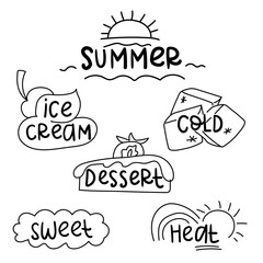 A set of inscriptions for ice cream. Inscriptions with small sketches are like stickers. Ice cream, cold, sun, summer, hot, doodle-style dessert. Black and white sketches