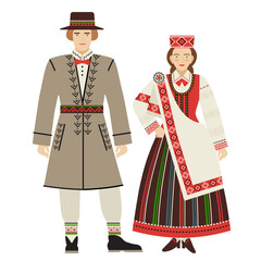 girl and young man in a Latvian folk costume. young couple in the national traditional clothes of Latvia. flat drawing in cartoon style. stock vector illustration. EPS 10.