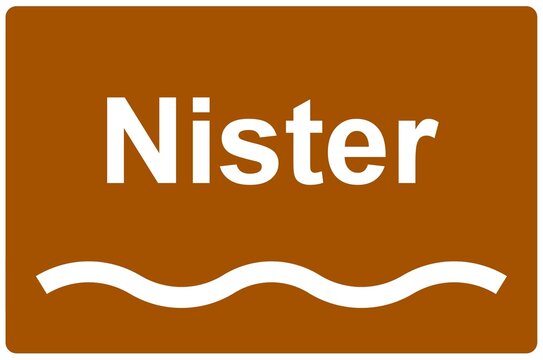 Illustration eines Flussnamenschildes des Flusses "Nister"	