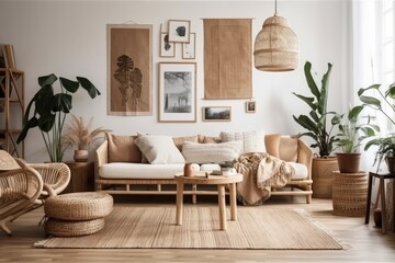 Boho chic living area with beige couch, cushions, faux poster frames, side tables, plants, bamboo ladder, décor, and personal items. Template. Generative AI