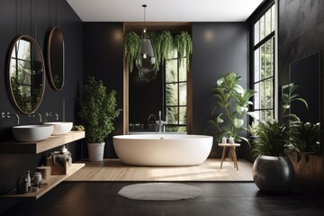 Black walls, white basin with oval mirror, bathtub, shower, plants, and dark parquet floor. Modern minimalist bathroom. Generative AI