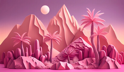 AI Generated illustration of palm trees and mountain. Travel and paradise island