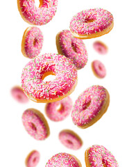  Levitating donuts with sprinkles. Modern food concept. Advertisement for a pastry shop or cafe.