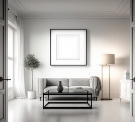 Fototapeta na wymiar Mockup poster frame on the wall of living room. Luxurious apartment background with minimalistic design. Modern interior design. 3D render, 3D illustration.