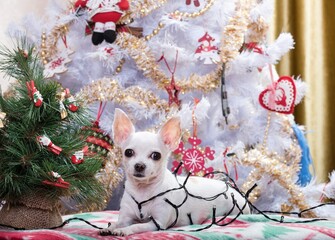 A small dog of the Chihuahua breed lies on a blanket with New Year's pictures on the background of the Christmas tree.