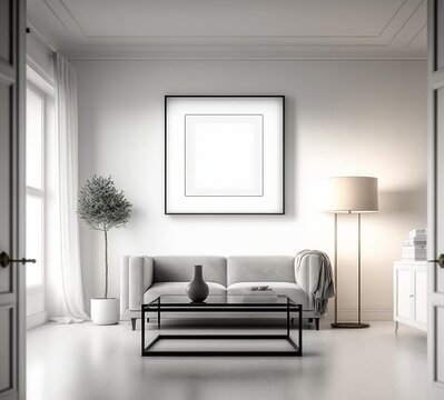 Mockup poster frame on the wall of living room. Luxurious apartment background with minimalistic design. Modern interior design. 3D render, 3D illustration.