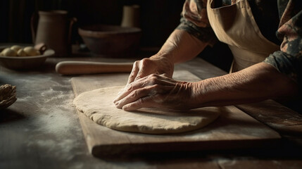 Young female hands rolling out dough on wooden table