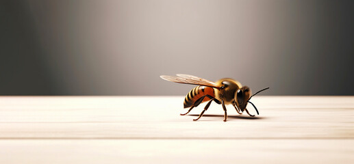 A bee on a wooden table